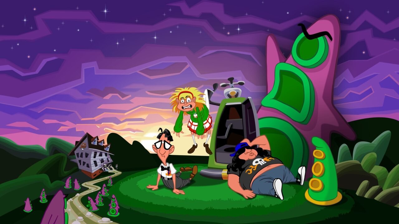 Day of the Tentacle Remastered key art: Bernard, Laverne and Hoagie gathered around a time machine on a hill under a purple sky, next to a giant purple tentacle