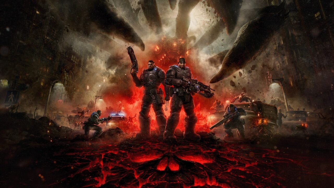 Gears of War: E-Day key art: Marcus Fenix and Dom Santiago stand in a burning, cracked street as giant Locust tendrils rise behind them