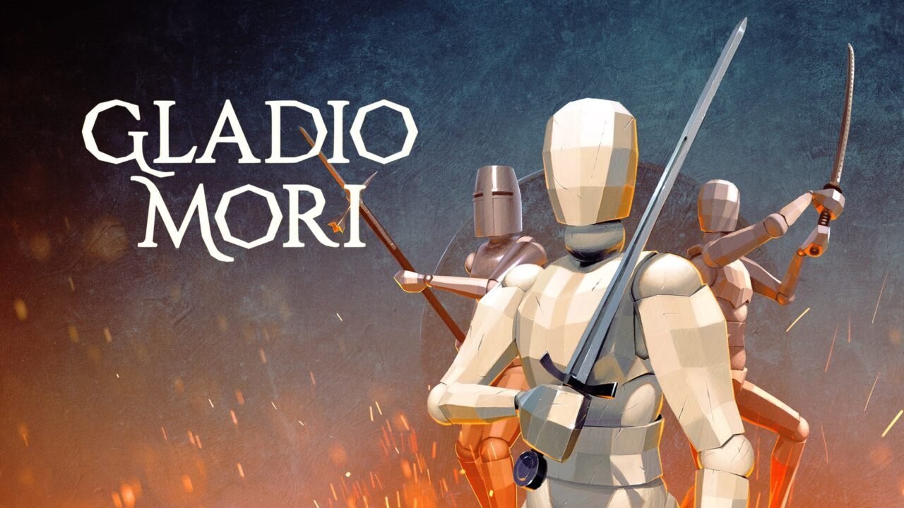 Gladio Mori key art showing a wooden mannequin fighter holding a longsword, flanked by a helmeted halberdier and a katana wielder, beside the game's logo