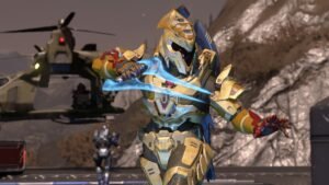 Halo Infinite screenshot: A gold-armoured Elite swinging a blue energy sword in front of a Banished dropship