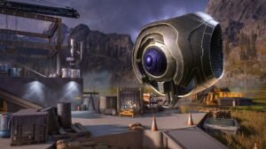Halo Infinite screenshot: A large spherical Forerunner-style drone hovering above a military outpost