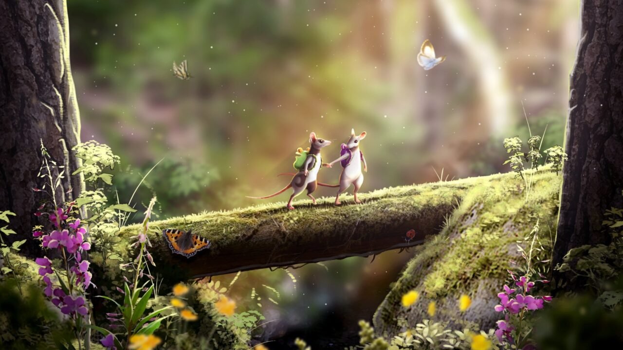 Hela: of Mice & Magic key art: two mice with backpacks walk hand in hand across a mossy log in a sunlit forest, with butterflies and wildflowers around them