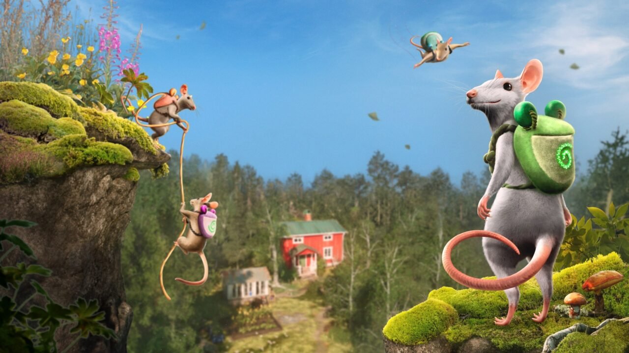 Hela: of Mice & Magic key art: a white mouse with a green frog backpack stands on a mossy rock as two mice climb a rope up a cliff, with a red cottage in the forest below