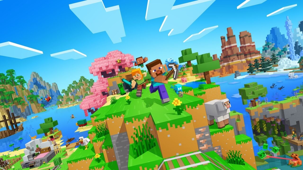 Minecraft key art of Steve and Alex leaping across a colourful block world of cherry trees, rivers and mountains