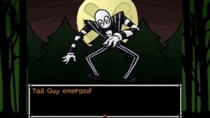 HorrorVale: Deadluxe Edition screenshot: Tall Guy, a slender skeletal figure, in a dark forest