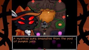 HorrorVale: Deadluxe Edition screenshot: a masked character facing a pool of pumpkin juice