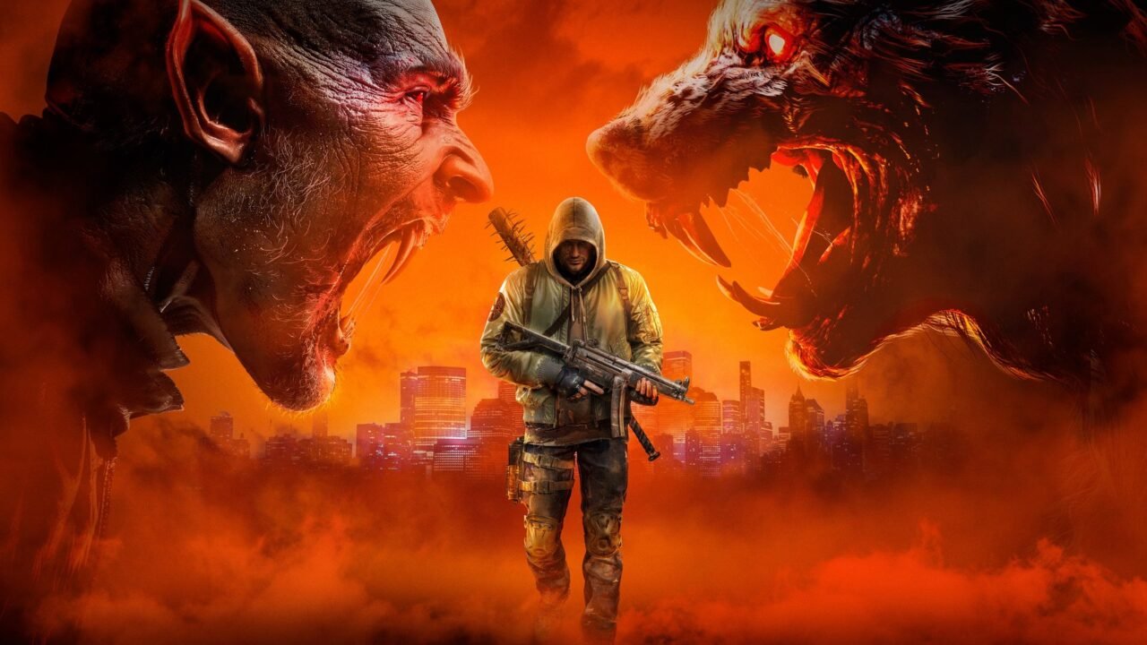 Hunter: The Reckoning – Deathwish art of a hooded hunter with a rifle in front of a snarling vampire and werewolf, with the New York skyline in orange haze