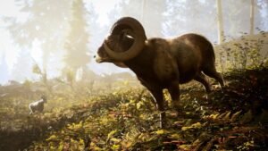 Hunting Simulator 3 screenshot: a bighorn sheep standing in sunlit woodland