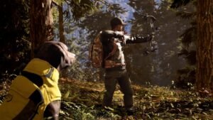 Hunting Simulator 3 screenshot: a hunter with a bow beside a dog in a yellow vest