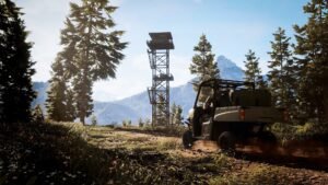 Hunting Simulator 3 screenshot: an all-terrain vehicle beside a watchtower in the mountains
