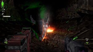HYPERVIOLENT screenshot: a first-person view of a gun and a fiery blast in a dark corridor