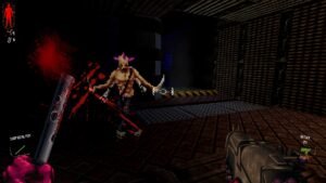 HYPERVIOLENT screenshot: a horned enemy attacking in a dark room
