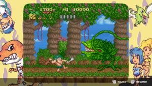 Joe & Mac Retro Collection screenshot: Joe & Mac: Caveman Ninja gameplay with a green dinosaur in a jungle