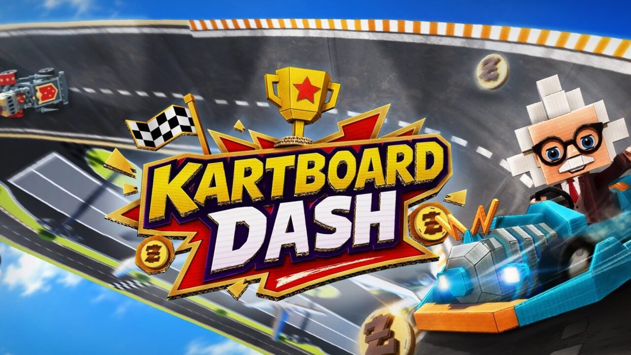 KartBoard Dash logo with cardboard karts racing on a curved track