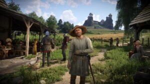 Villagers gathered around a market stall in a sunlit meadow
