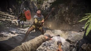 A fighter with a shield and weapon raised in a first-person fight beside a rocky stream