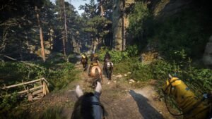 A rider on horseback travelling a forest track with companions ahead