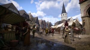 A busy medieval market street with a church spire in the background