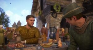 Two men talking at a crowded tavern table