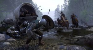 Armoured fighters clash by a river crossing beside a covered wagon
