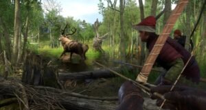 An archer aiming at a stag in a sunlit forest clearing