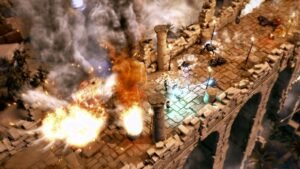 Lara Croft and the Temple of Osiris screenshot: An explosion of fire over an ancient Egyptian structure