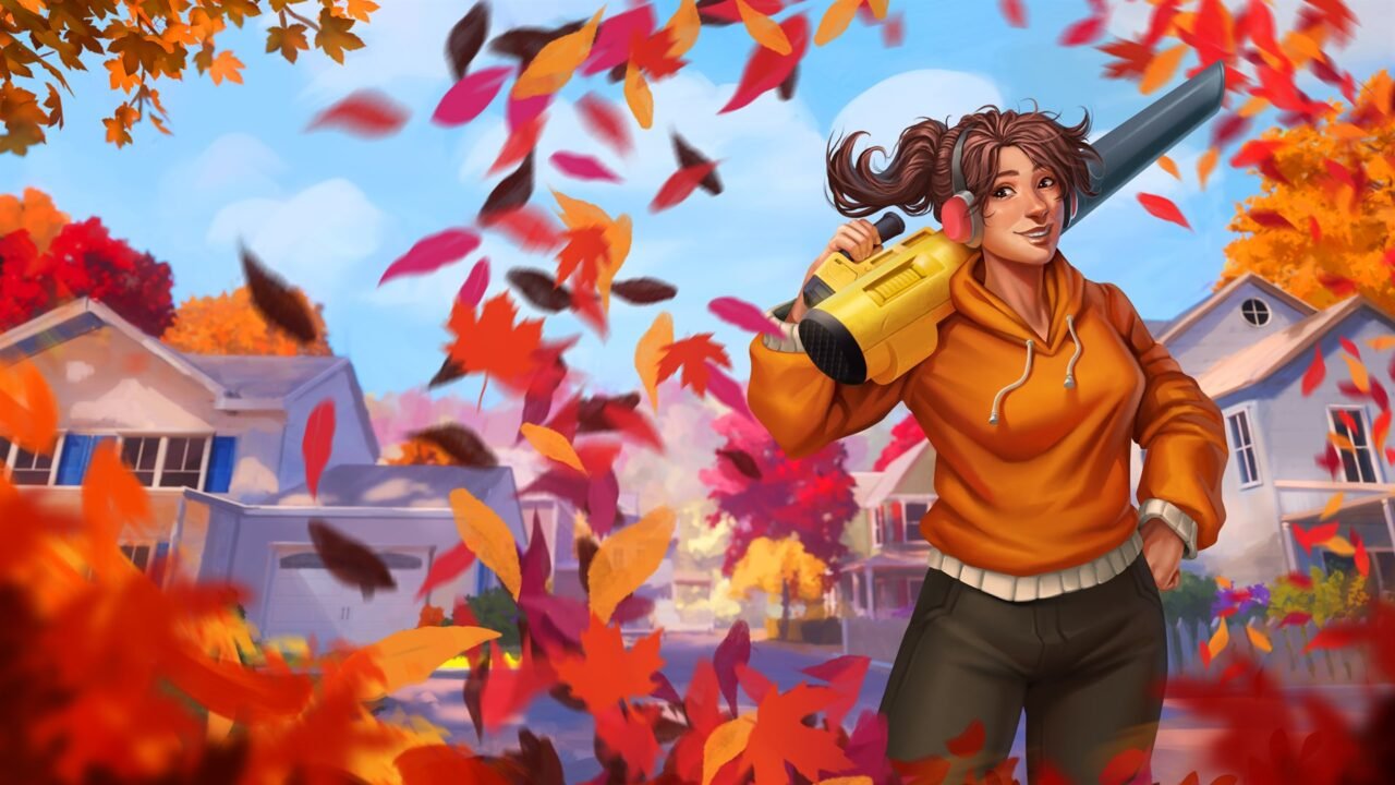 Leaf Blower Co. key art showing a character with a leaf blower surrounded by autumn leaves
