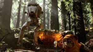 LEGO Star Wars: The Skywalker Saga screenshot: An Ewok in the forests of Endor in LEGO form