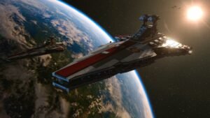LEGO Star Wars: The Skywalker Saga screenshot: A LEGO Star Destroyer-class ship in orbit above a planet