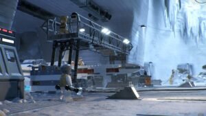 LEGO Star Wars: The Skywalker Saga screenshot: A snowy LEGO Rebel base on Hoth