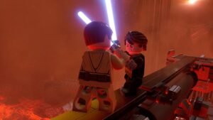 LEGO Star Wars: The Skywalker Saga screenshot: A LEGO lightsaber duel against a red background