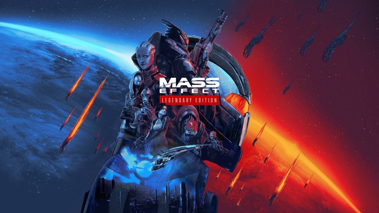Mass Effect Legendary Edition key art with Shepard's squad and the Normandy in front of a blue and red planet, Reapers descending, and the game logo