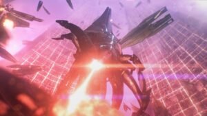 Mass Effect Legendary Edition screenshot: A giant Reaper firing a red beam amid an explosion