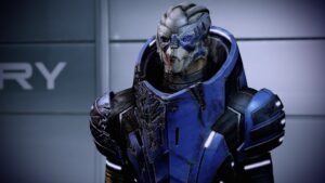 Mass Effect Legendary Edition screenshot: Garrus Vakarian in blue armour aboard a ship