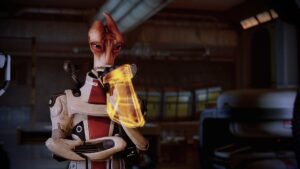 Mass Effect Legendary Edition screenshot: Mordin Solus using his omni-tool in a lab