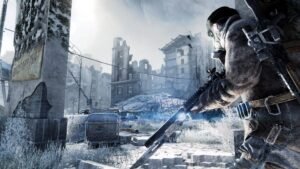 Metro 2033 Redux screenshot: a soldier aiming a rifle among snow-covered ruins
