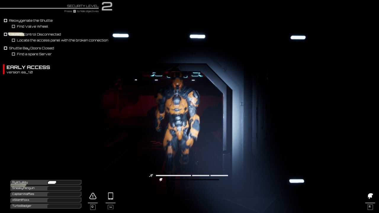 Mimic screenshot: an armoured android in orange and grey stands in a lit doorway at the end of a dark starship corridor