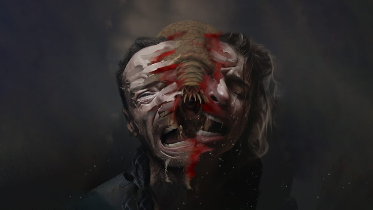 Mimic key art: a man's screaming face splits apart with streaks of blood to reveal a toothed alien creature beneath