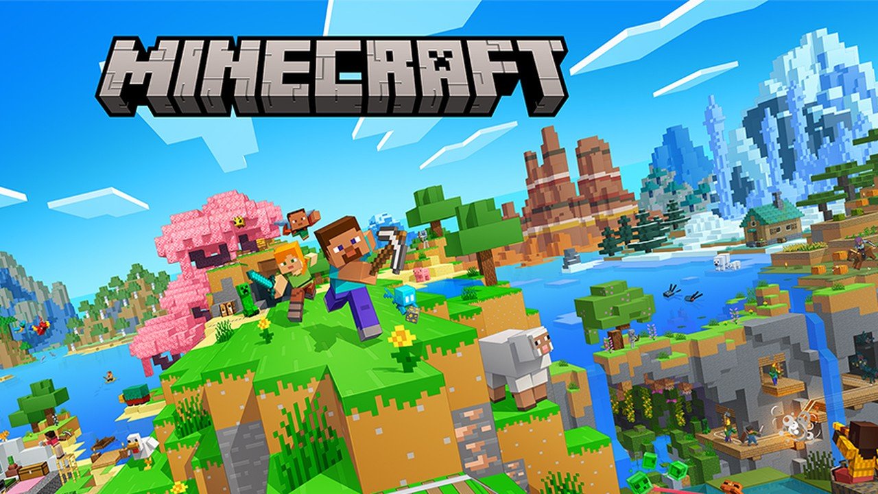 Minecraft key art showing Steve and Alex charging across a blocky landscape of mountains, cherry trees and rivers beneath the Minecraft logo