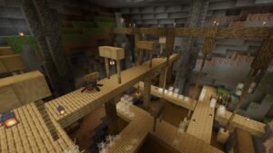 Minecraft screenshot: Wooden mineshaft walkways and ladders inside a huge underground cave
