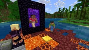 Minecraft screenshot: Players standing by a glowing purple Nether portal surrounded by lava