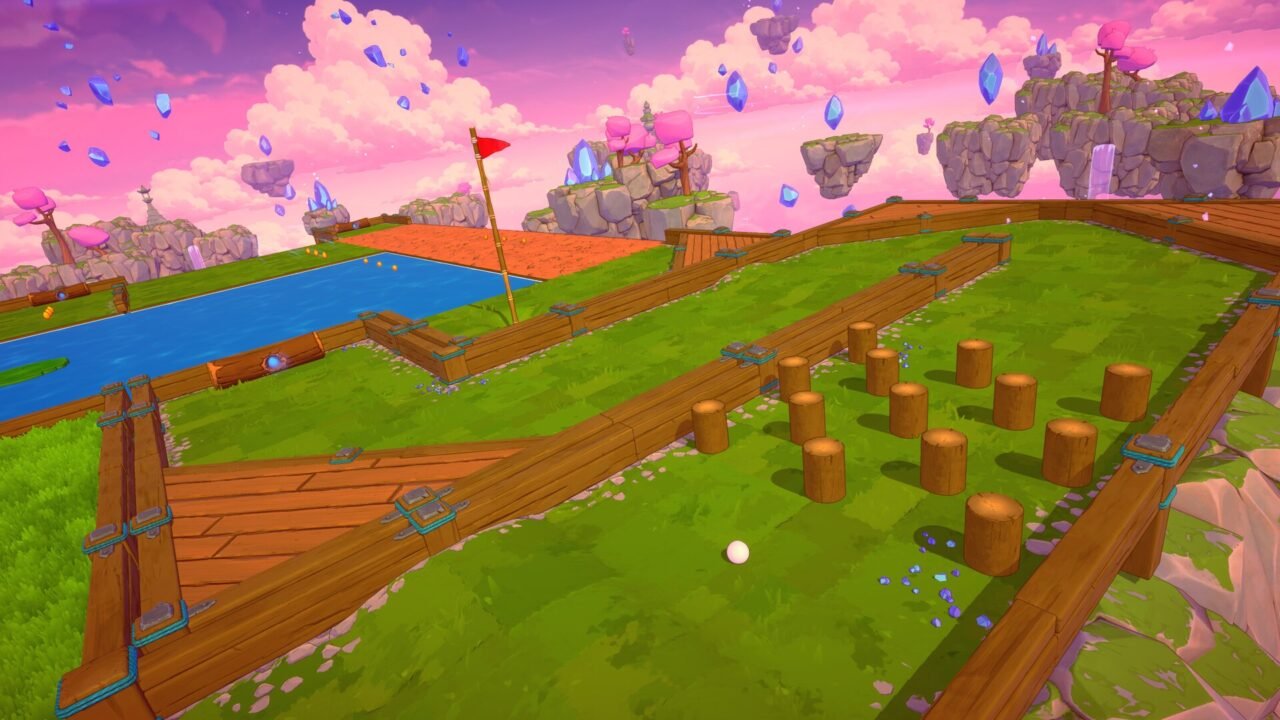 Minigolf Brake! screenshot: a winding minigolf course with a stream and wooden obstacles on a floating island under a pink and purple sky