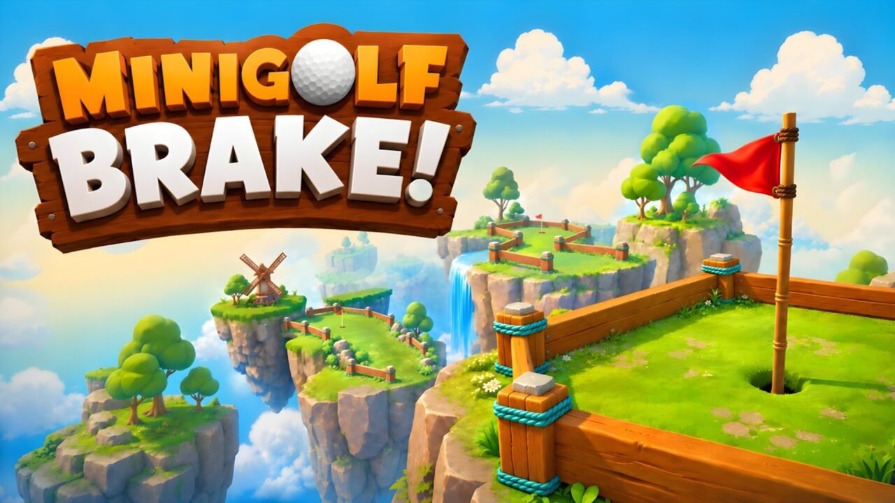 Minigolf Brake! key art: the game's wooden logo above floating grassy islands with minigolf courses, a windmill, a waterfall and a red flag beside a hole