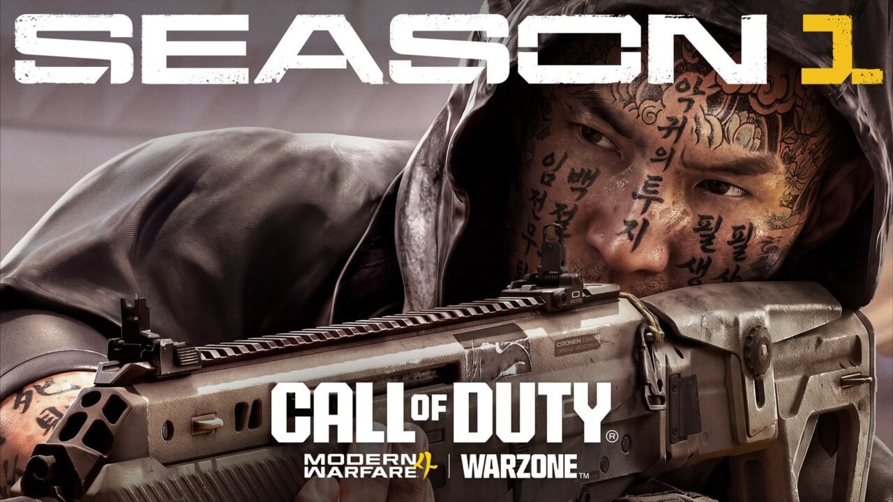 Call of Duty: Modern Warfare 4 and Warzone Season 1 key art: a hooded Operator with a tattooed face aims a rifle beneath the Season 1 logo