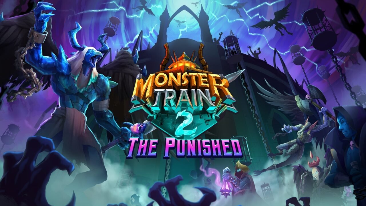 Monster Train 2: The Punished key art: the game's logo beside Archus, a dark armoured warrior holding a huge sword under a purple sky