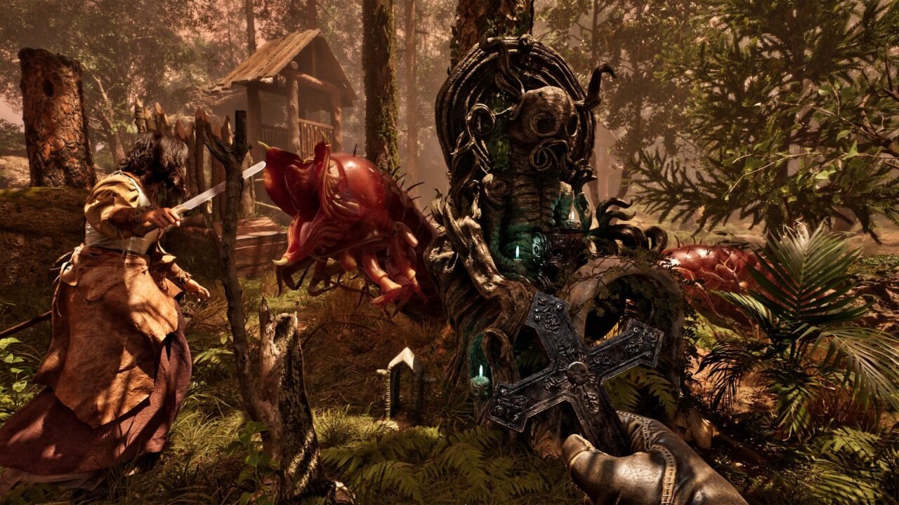 The Mound: Omen of Cthulhu screenshot: explorers fight a red creature in a sunlit jungle clearing