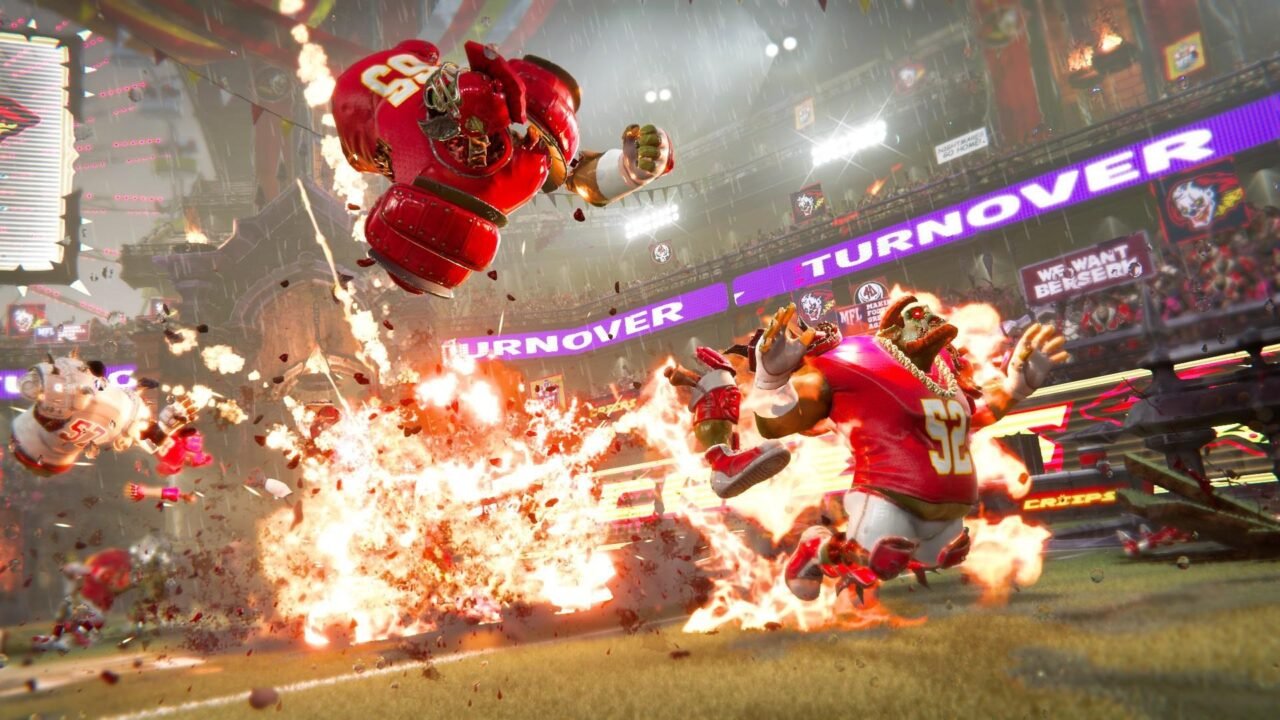 Mutant Football League 2 screenshot: a player in red armour is blasted into the air by an explosion on the pitch as the stadium screen reads 'Turnover'