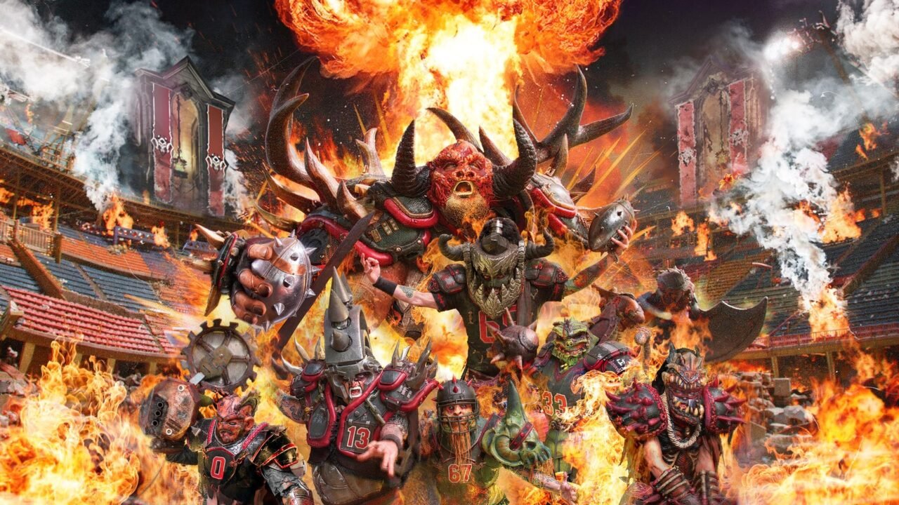 Mutant Football League 2 GWAR key art: the armoured GWAR team in spiked costumes stand amid flames and smoke in a stadium