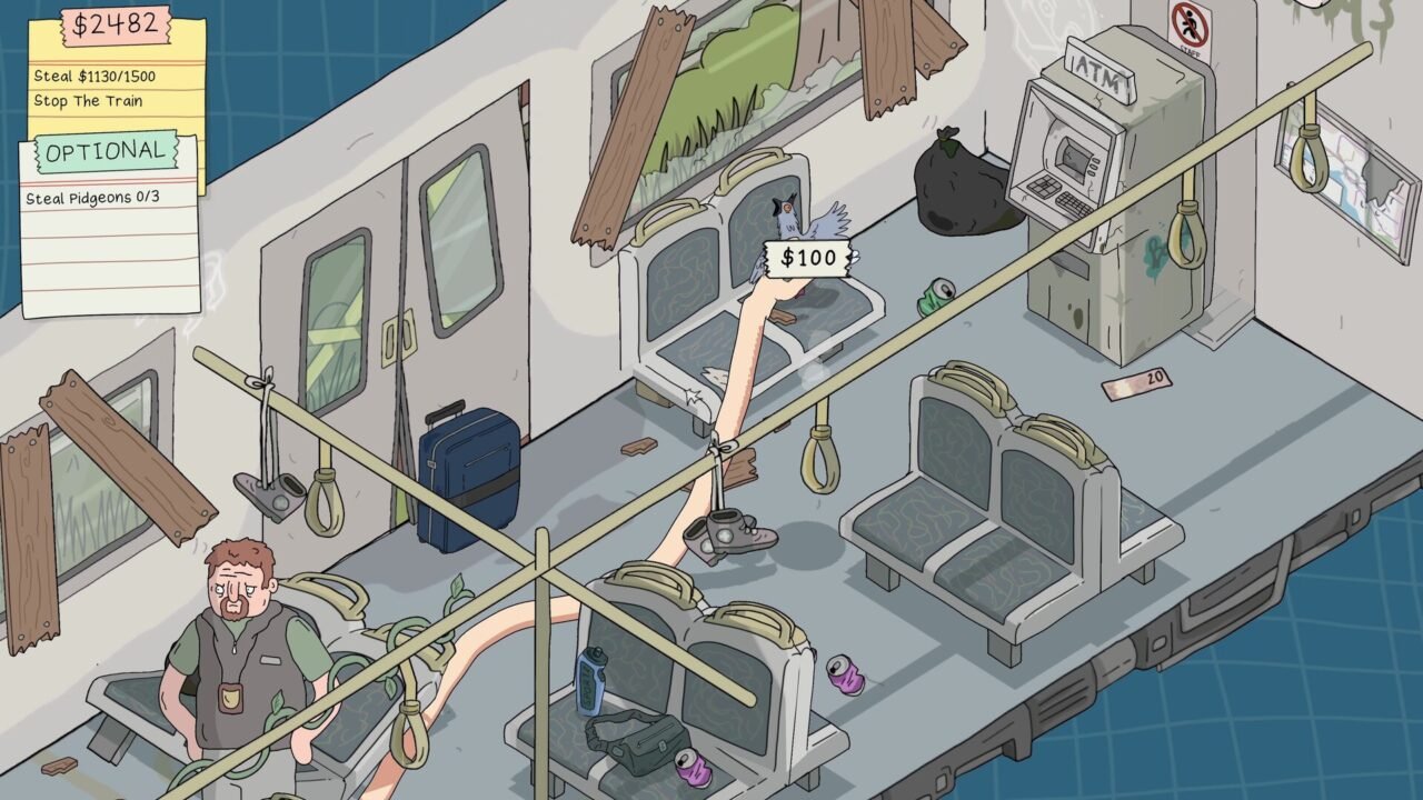 My Arms Are Longer Now screenshot: the thief's long arm stretches through a wrecked train carriage towards a cash machine