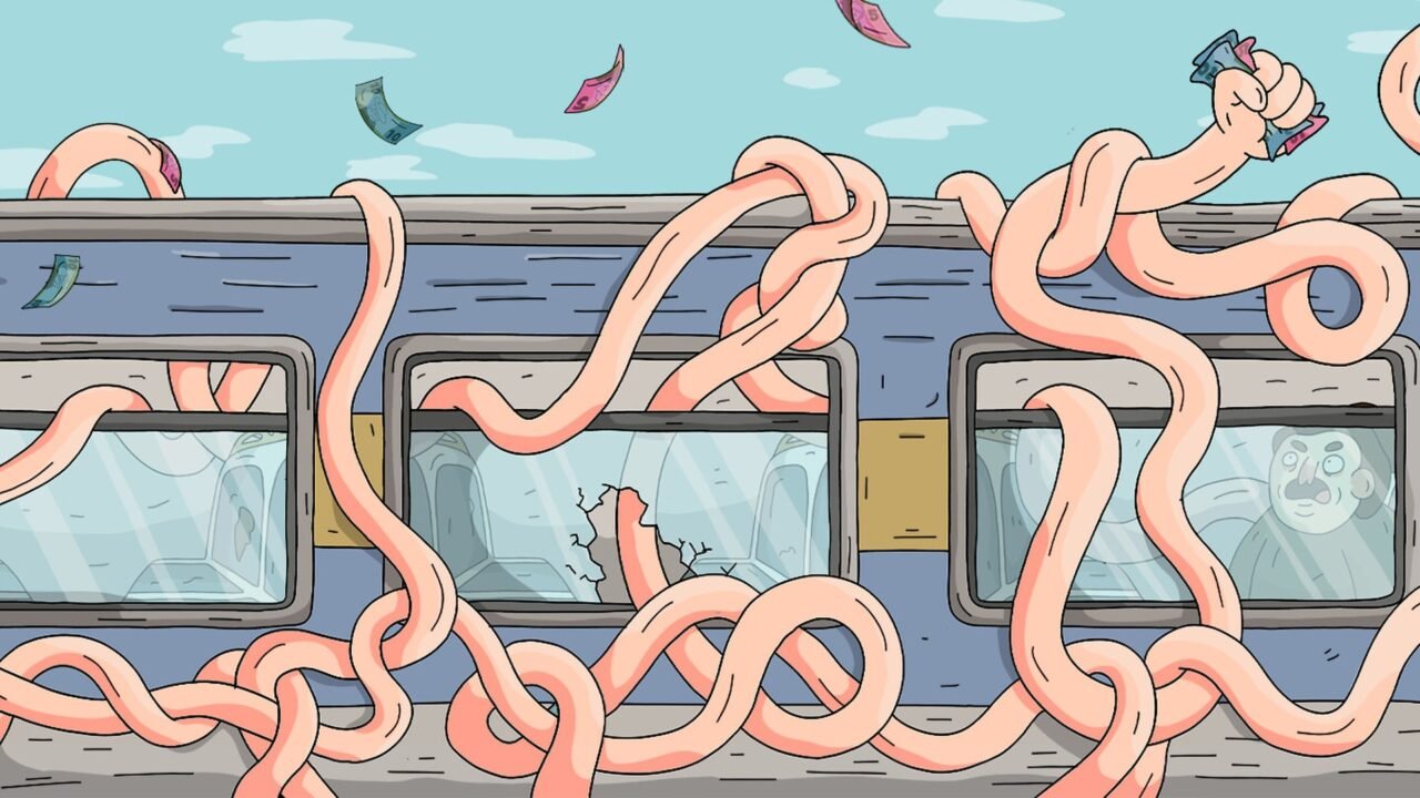My Arms Are Longer Now key art: long pink arms snake in and out of a train carriage's windows